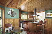 Large view windows, island kitchen