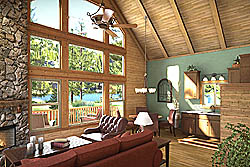 Hawksbeard interior, big windows, family kitchen, beams, paneling