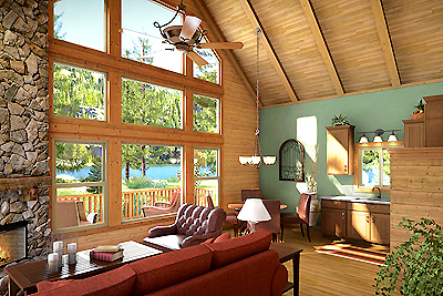 Hawksbeard interior, big windows, family kitchen, beams, paneling